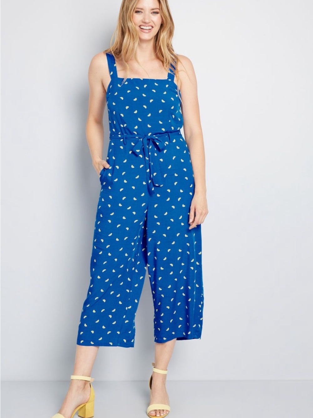 Sleeveless Blue with Lemon Print Wide Jumpsuit with Tie Waist